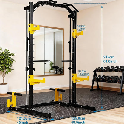 Fitvids Smith Machine Power Cage, 2000lb Multi-Function Squat Rack with Weight Plate Storage, J Hooks, T-Bar Row Platform & Multiple Grip Handles for Home Gym Strength Training
