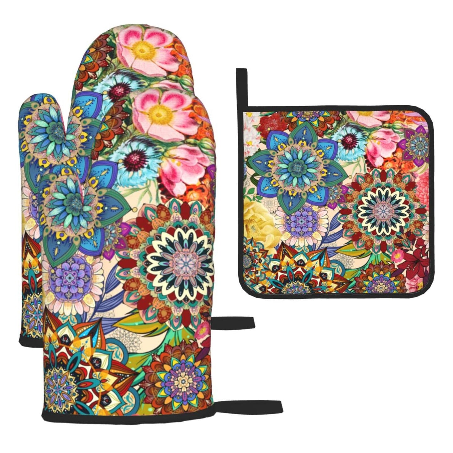 Boho Floral Oven Mitts and Pot Holders Sets, Heat Resistant Colorful Kitchen Gloves Hot Pads, Cute Baker Stuff, Chef Cooking Baking Gifts for Women Bakers, Kitchen Gifts for Cooking Lover Cooks Mom