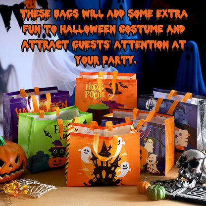 Sweetude 12 Pcs Large Halloween Tote Gift Bags with Handles Bulk Halloween Trick or Treat Bags Non-woven Reusable Pumpkin Ghost Bat Monster Tote 13inch for Gifts Wrapping Party Favor Supply