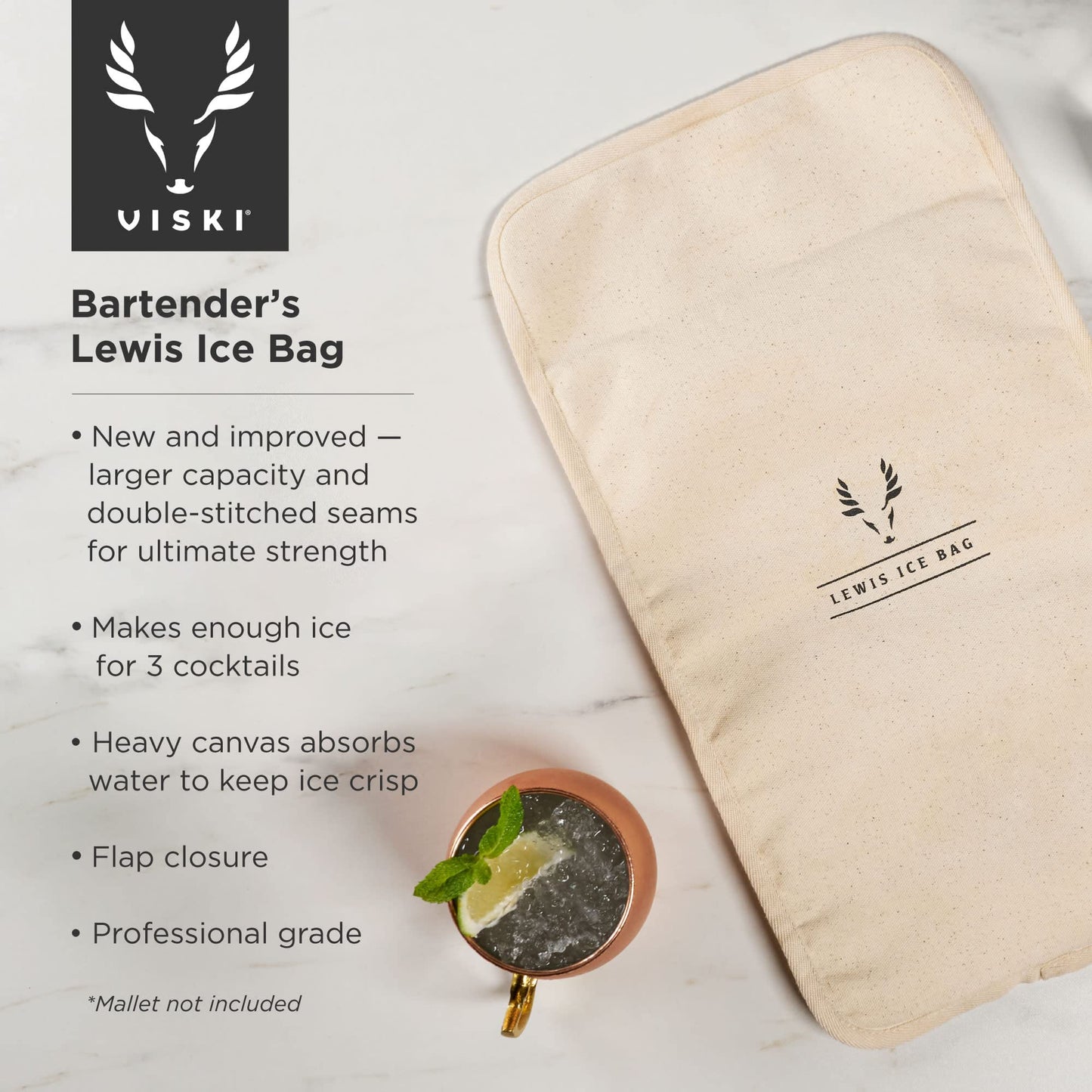 Viski Bartender’s Lewis Ice Bag - Extra Large Professional Grade Canvas Ice Crushing Bag with Reinforced Seams for Chilled Cocktails - 10″ x 18″ Set of 1
