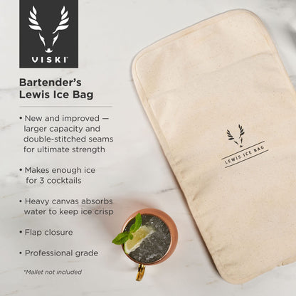 Viski Bartender’s Lewis Ice Bag - Extra Large Professional Grade Canvas Ice Crushing Bag with Reinforced Seams for Chilled Cocktails - 10″ x 18″ Set of 1