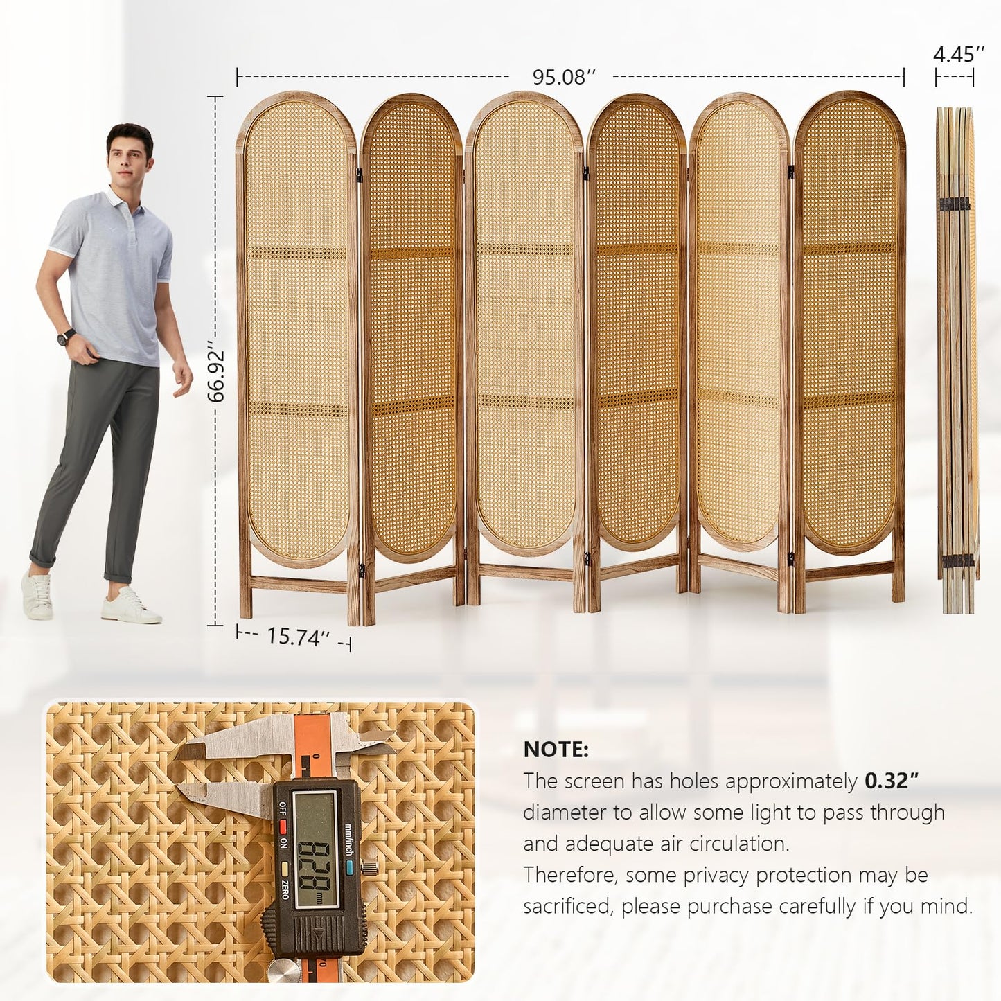 Asnefeli 6 Panels Room Divider, Foldable Wooden Room Divider, Individual Privacy Screen Made of Hand-Woven Rattan, Portable Wall Divider for Home Office Bedroom Bathroom Dressing Room (Natural)