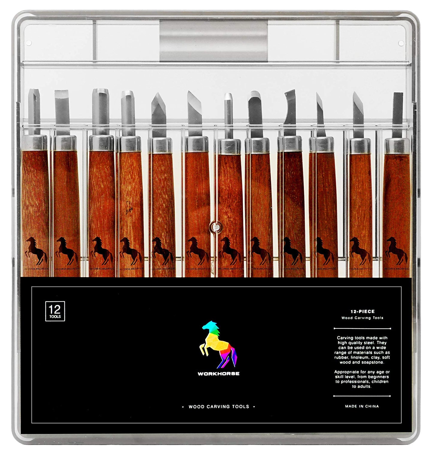 Workhorse 12pcs Premium Wood Carving Tools & Chisels Set for Whittling, Woodworking, Sculpture, Carpentry, with Sharpening Stone and Storage Box