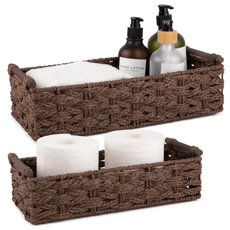 OIAHOMY Toilet Paper Baskets Handmade Paper Rope Decorative Wicker Storage Tank Shelf Cabinet Organizer for Bathroom Home, Set of 2, Green