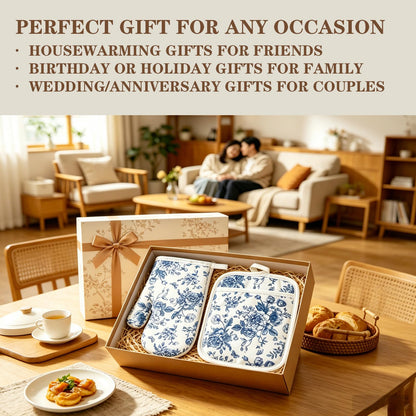 AnyDesign 4Pcs Blue Porcelain Floral Oven Mitts and Pot Holders Set Heat Resistant Non-Slip Potholders Chinoiserie Flower Kitchen Oven Gloves with Hot Pads for Cooking Baking