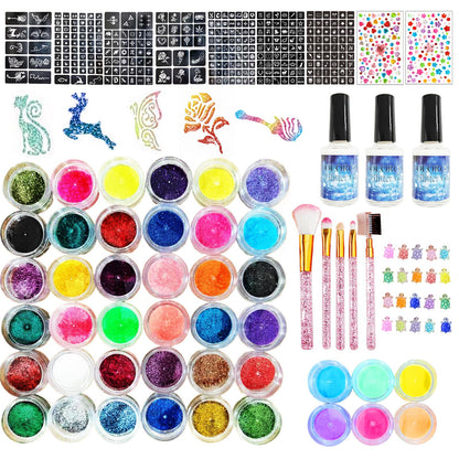 Glitter Tattoo Kit, All-in-One Glitter Tattoos for Kids & Adults with 295 Stencils, 42 Color Powders, 2 Gem Stickers & 20 Turtle Rhinestones, Face & Body Art, Ideal for Carnival, Birthday Party Gift