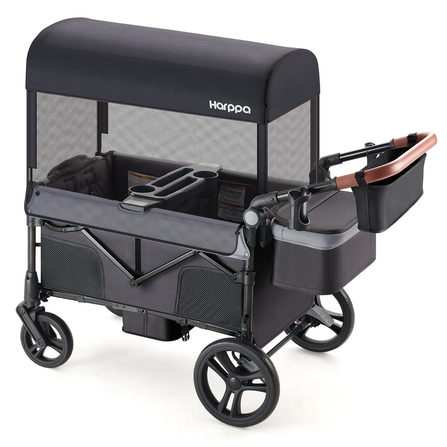 HARPPA Foldable Wagon for Kids, 2 Seater Stroller Wagon with Seats, One-Button Fold, UPF50+ Canopy & Mosquito Net, All-Terrain Wheels, Adjustable Handle, Easy to Store Dark Gray