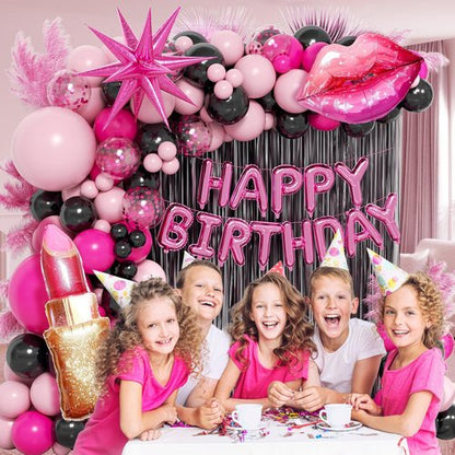 Hot Pink and Black Birthday Decorations with Black Hot Pink Confetti Balloons Happy Birthday Foil Balloons Fringe Curtains for Party Decorations