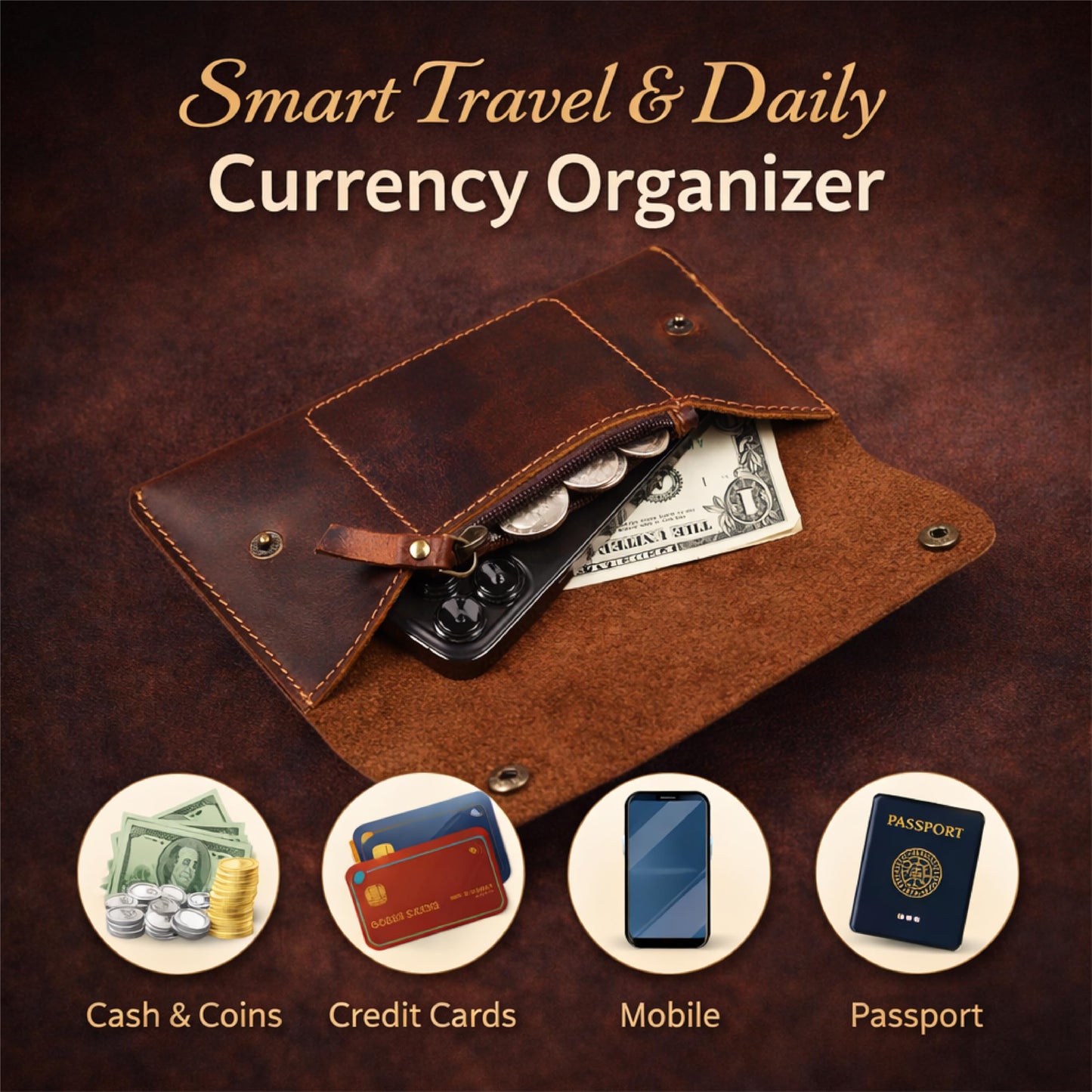 TheAntiq Leather Money Bag Currency Organiser Pouch, Dollar Bills Holder, Bills Organizer with Mobile Pocket, Money Envelope For Men and Women (Brown)