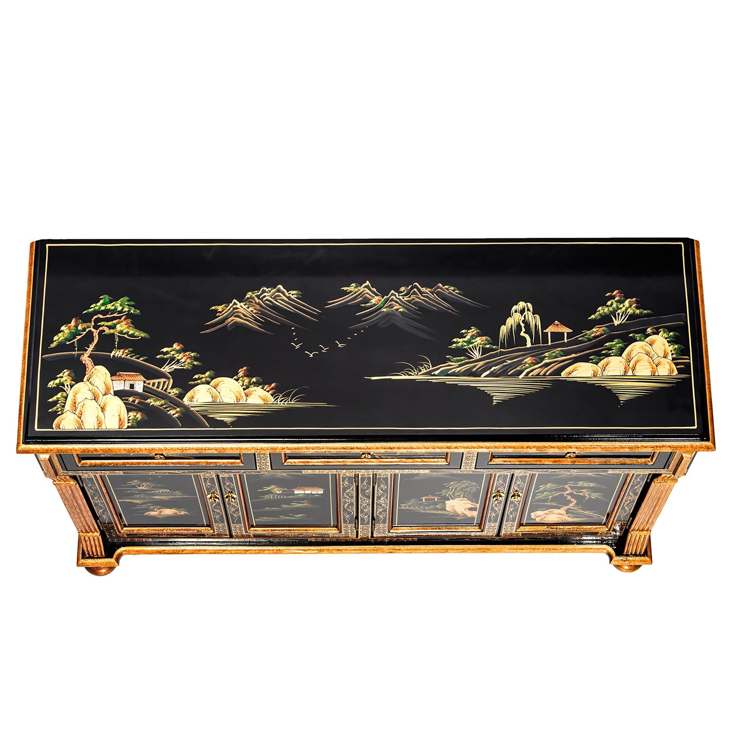 Red Lantern Artisan Crafted Black Lacquer Sideboard - Landscape
