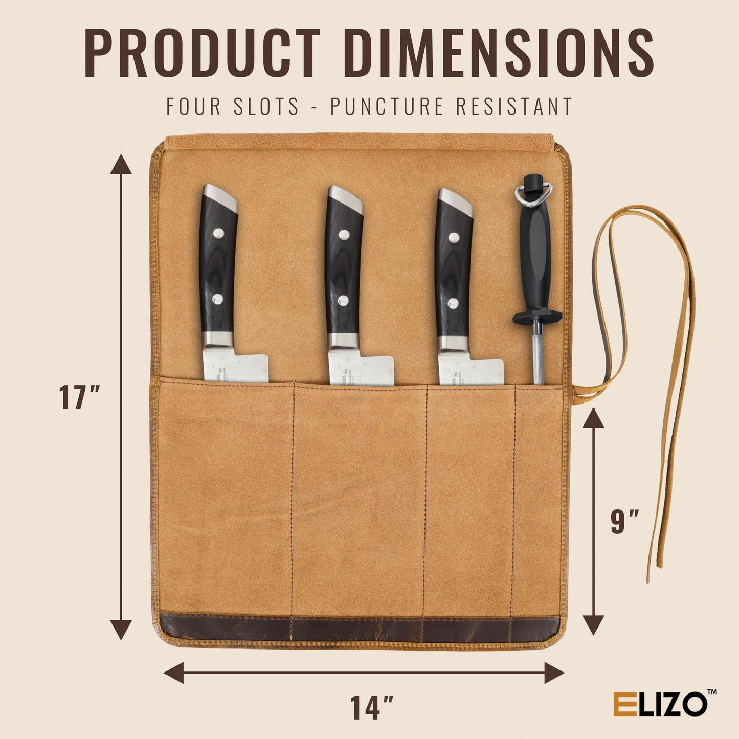 ELIZO Leather Knife Roll Bag Professional Chef Knife Case, Durable Knife Sheath Holder, Cooks & Culinary Tools Carrying Storage, Portable Knife Wrap - 4 Slots