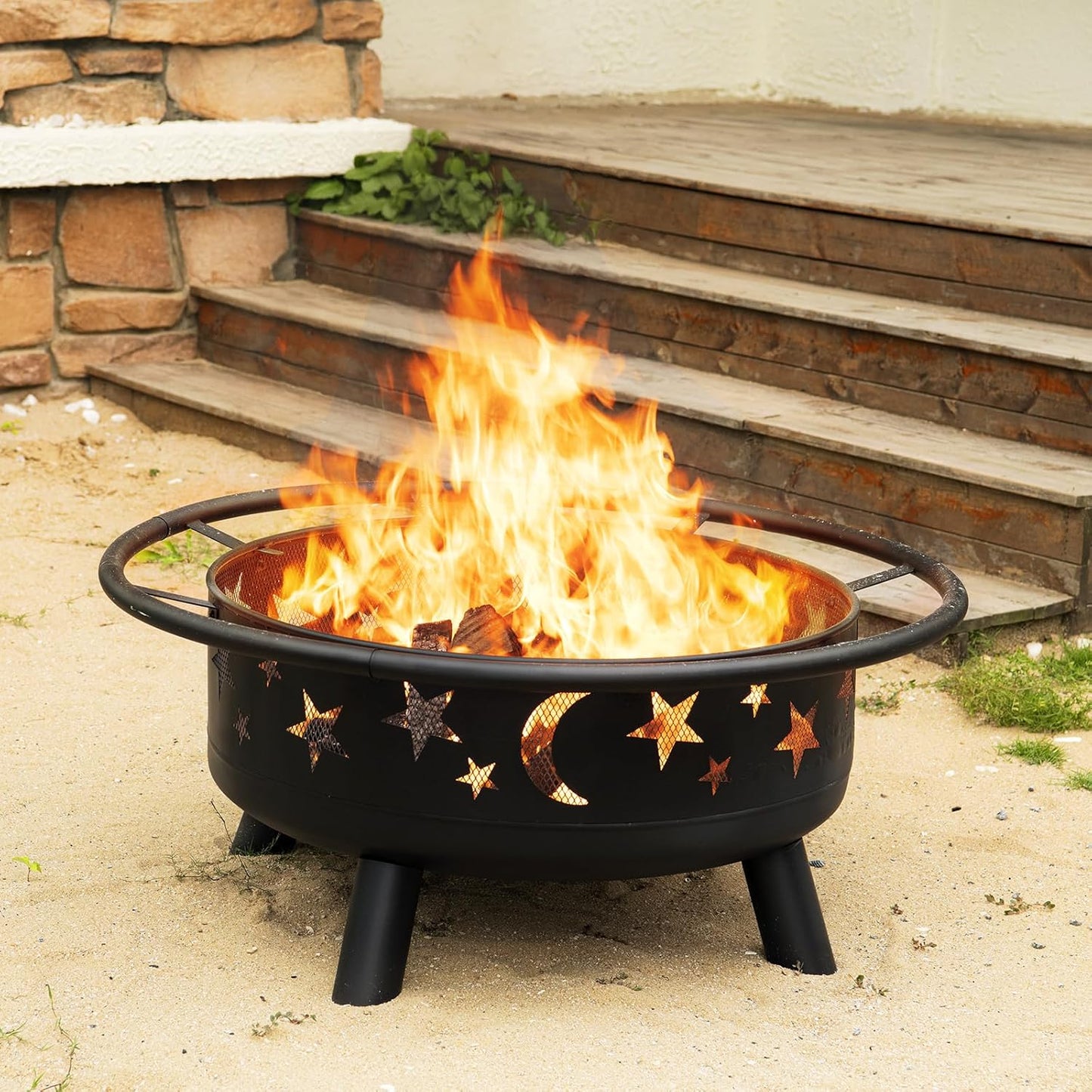 Skiennix 32-Inch Round Fire Pit - Metal Wood Burning Design with Mesh Cover & Poker | Perfect for Outdoor Gatherings