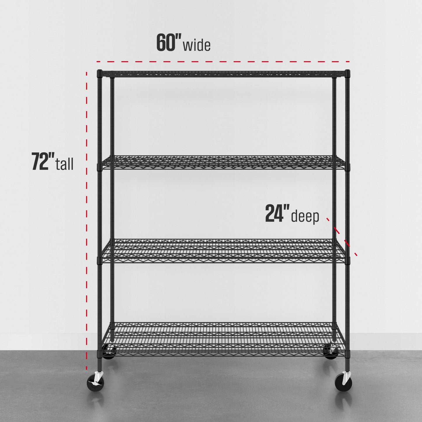SafeRacks - NSF Certified Storage Shelves, Zinc, Heavy Duty Steel Wire Unit with Wheels and Adjustable Feet, Garage or Bakers Rack, Kitchen, Pantry Shelf - (24"x60"x72" 4-Tier) (Black)