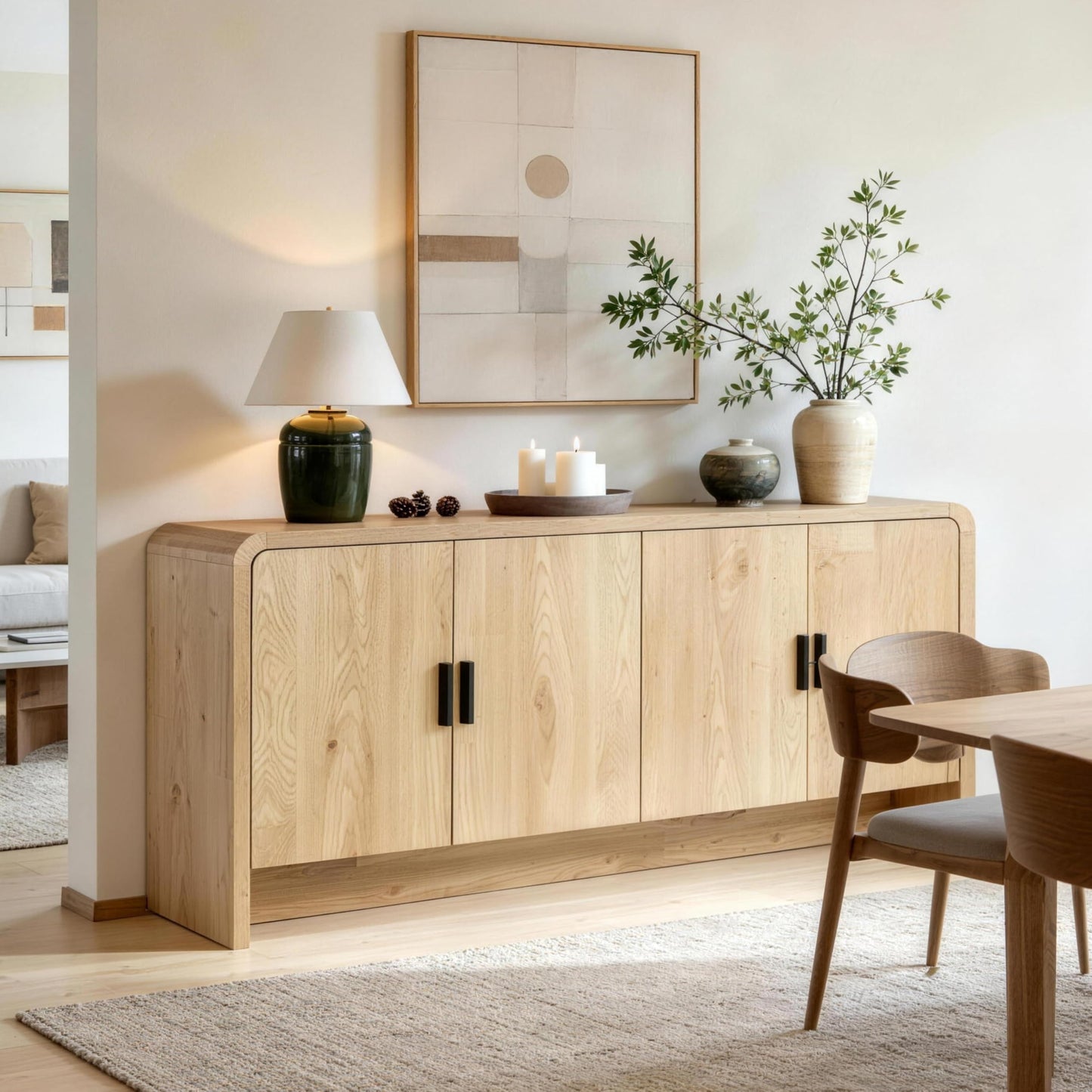 Finnhomy 68'' Sideboard Buffet Cabinet with Storage, Curved Design Credenza Storage Cabinet with 4 Doors, Console Cabinet for Kitchen, Living Room & Hallway, Natural
