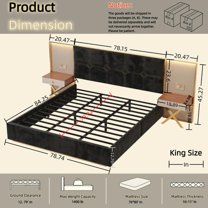 GDFStudio King Size Velvet Platform Bed Frame with LED Wall Lights & Floating Nightstands, Upholstered Headboard with Metal & Wood Frame, No Box Spring Needed, Easy Assembly, Black