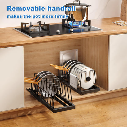Mustorn Pots and Pans Organizer Under Cabinet, 21.6" Deep Pull Out Pot Lid Organizer Holder with Guardrail Adhesive Pot and Pan Holder Rack with 10 Adjustable Dividers-1 Pack(Black)