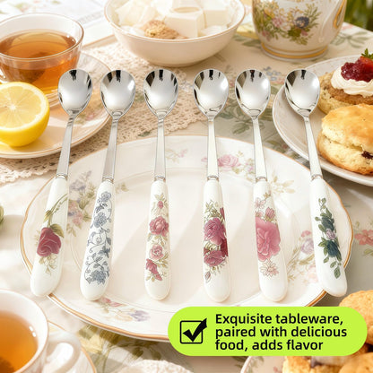 Hiiooweiyi 6-Piece Set of Stainless Steel Coffee Spoons Ceramic Handles Teaspoons Sugar Water Ice Cream Smoothies Spoons Soup Mixing Utensils