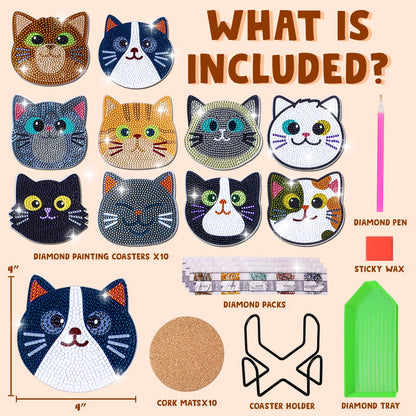 Insnug 10PCs Diamond Painting Coasters Set - Cat Theme Diamond Art Coasters Painting Kits for Kids Adult Dots, Arts and Crafts DIY Kits for Adults and Kids Gift for Valentine's Day