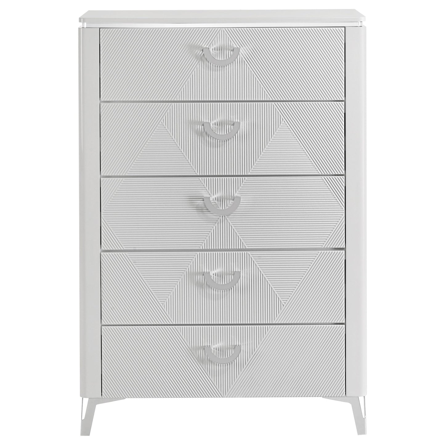 Coaster Home Furnishings - Cassia - Wood - 5-Drawer Chest with Black Felt-Lined Top, V-Patterns Front, U-Shaped Pulls, Tapered Legs and Contemporary Style - Bedroom - White High Gloss - 215795
