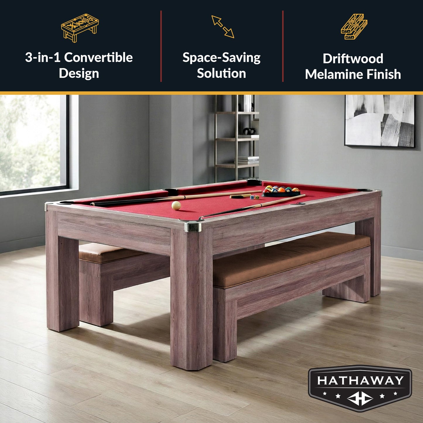 Hathaway Newport 7 Foot Dining Pool Table Combo with Game Accessories, & 2 Benches – Multifunctional Billiards Table with Ping Pong & Dining Top – Light Oak Finish, Chrome Accents, Red Felt