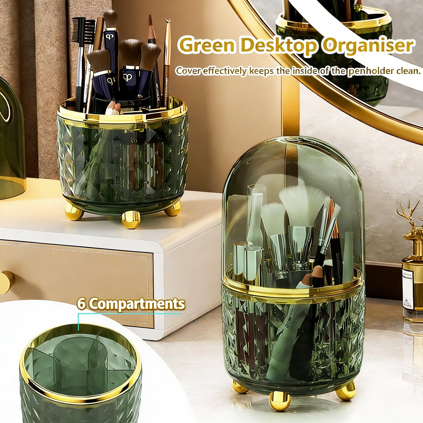 GOTOBA 360° Rotating Dust-Proof Multi-Purpose Storage Organizer - Perfect for Silverware, Utensils (Forks, Knives) & Makeup Brushes, Countertop Holder for Kitchen & Vanity