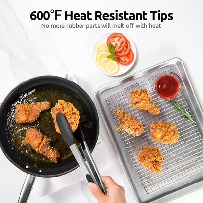 600ºF Heat Resistant Kitchen Tongs: U-Taste 9+12 inch Silicone Cooking Tong Set with Firm Sealed Non Stick Rubber Tips and Silicon Coated 18/8 Stainless Steel Handle for Serving Grilling Salad (Black)