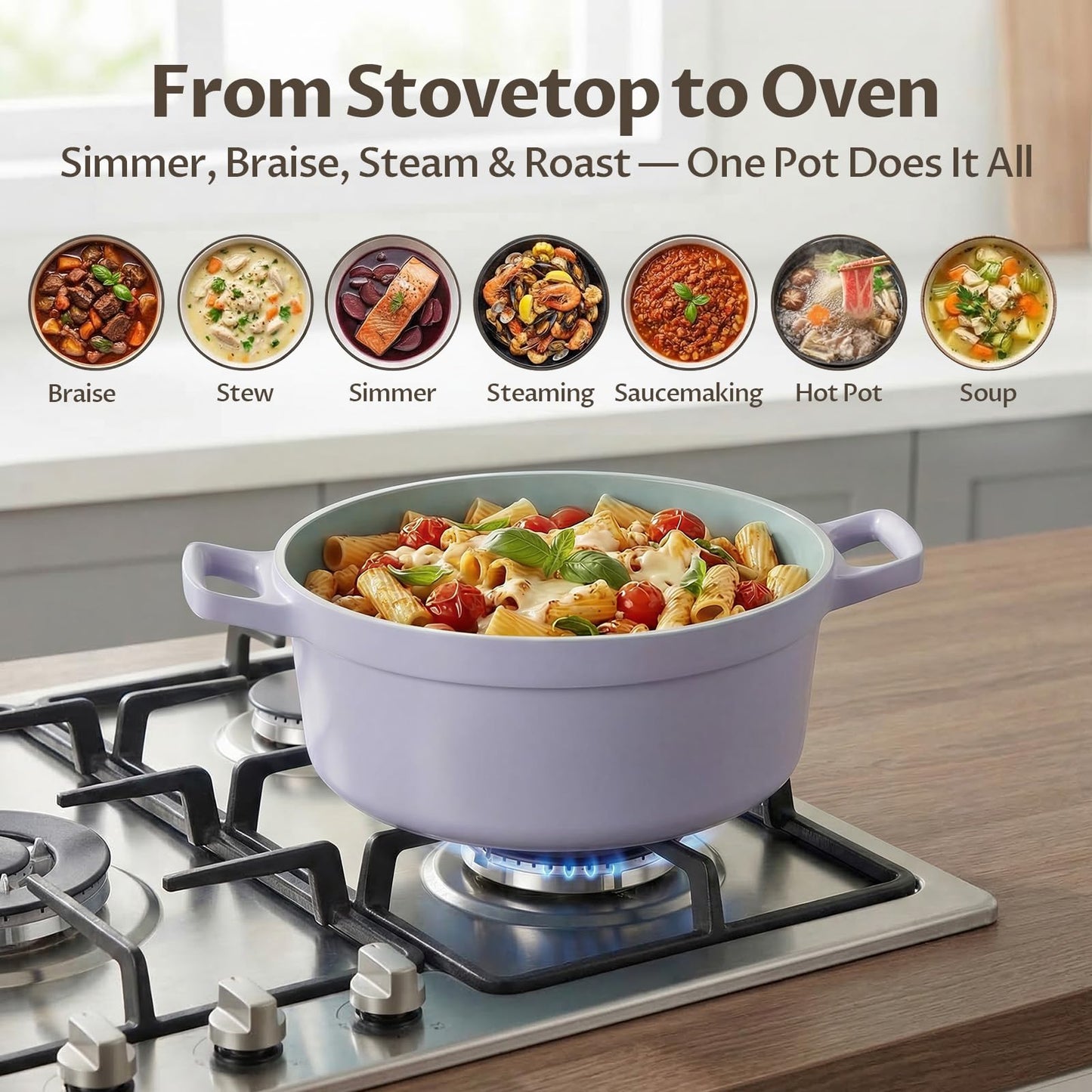 5.7 Quart Nonstick Stock Pot with Lid, BEZIA Ceramic Soup Pot for Family Cooking, Induction Cooking Pot with Smart-Vent Braising, Easy Cleanup, Perfect for Side Dishes, Daily Meals & Camping