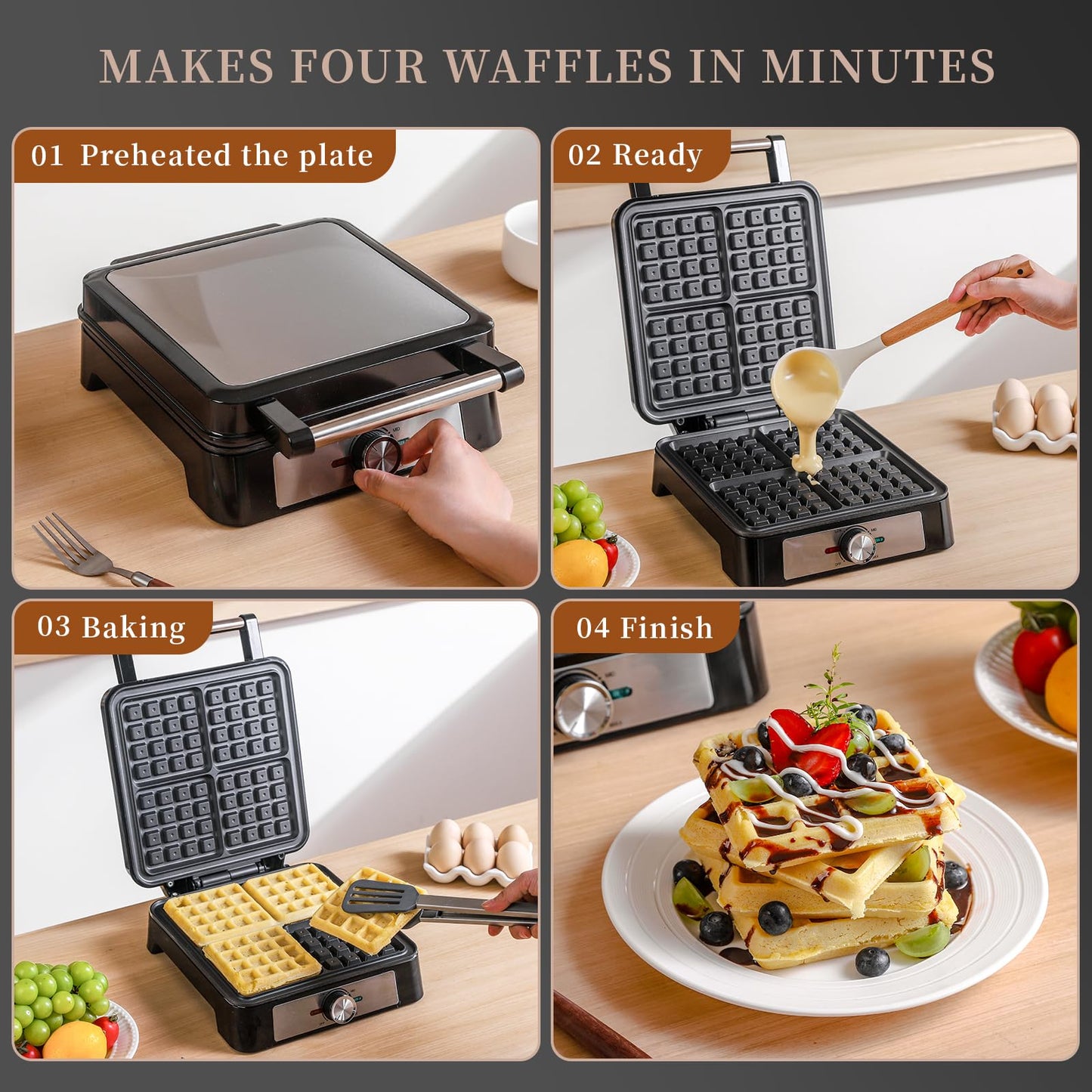 UVFAST Waffles Maker Waffle Iron, 4 Belgian Square Waffle Maker, Belgian Waffle Maker Thick with Non-stick Plate, Breakfast Waffle Machine Make Waffle in Minutes, 3 Browning Level, 1200W