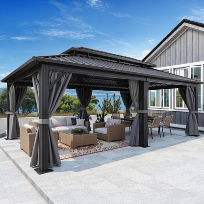 DWVO 12x20ft Aluminum Gazebo Hardtop Double Roof Canopy Outdoor Gazebo Galvanized Roof with Netting and Curtain Garden Tent for Patio, Backyard and Deck