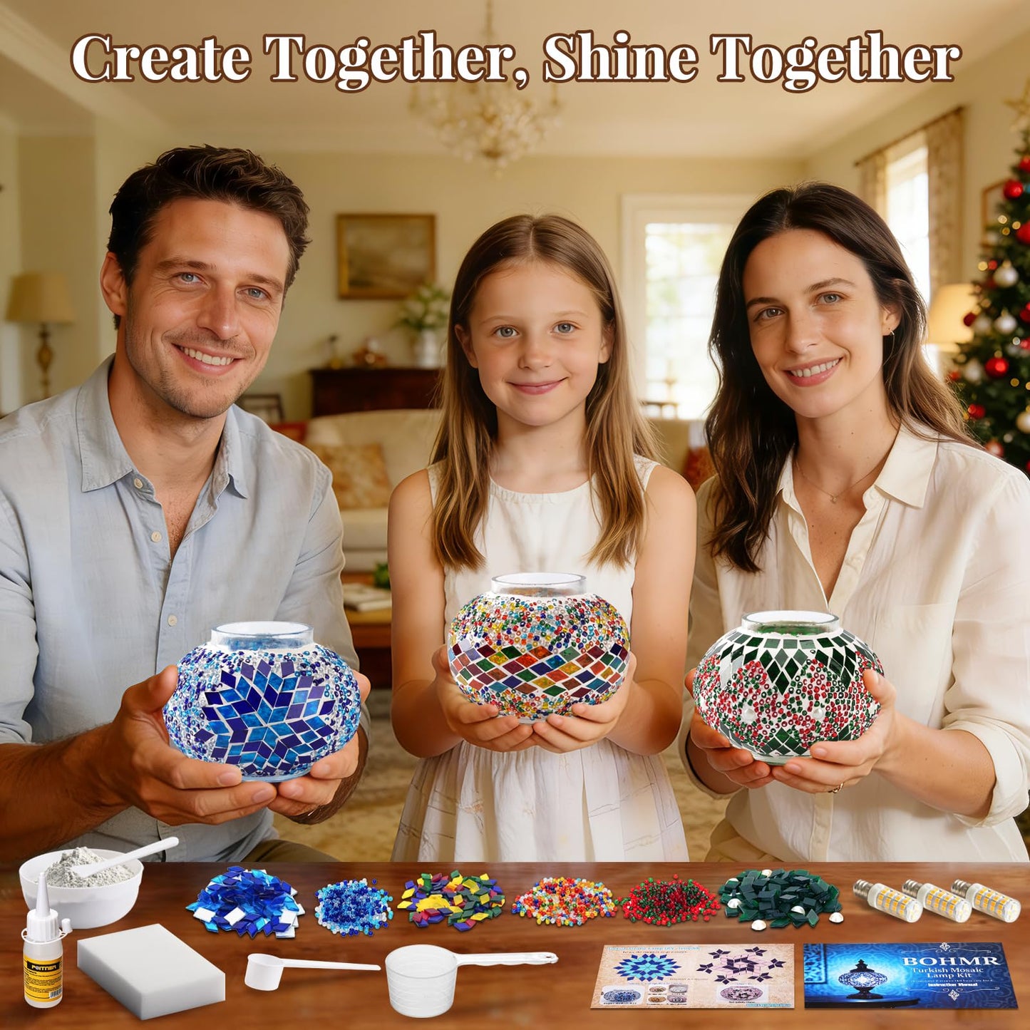 BOHMR DIY 3 Globe Turkish Mosaic Lamp Kit, 23"H Stained Glass Table Lamp Making Kit-Easy & Fun, No Experience Needed, Mosaic Art & Craft Project Kits for Adults & Teens, Make Your Own Lamp,Multicolor