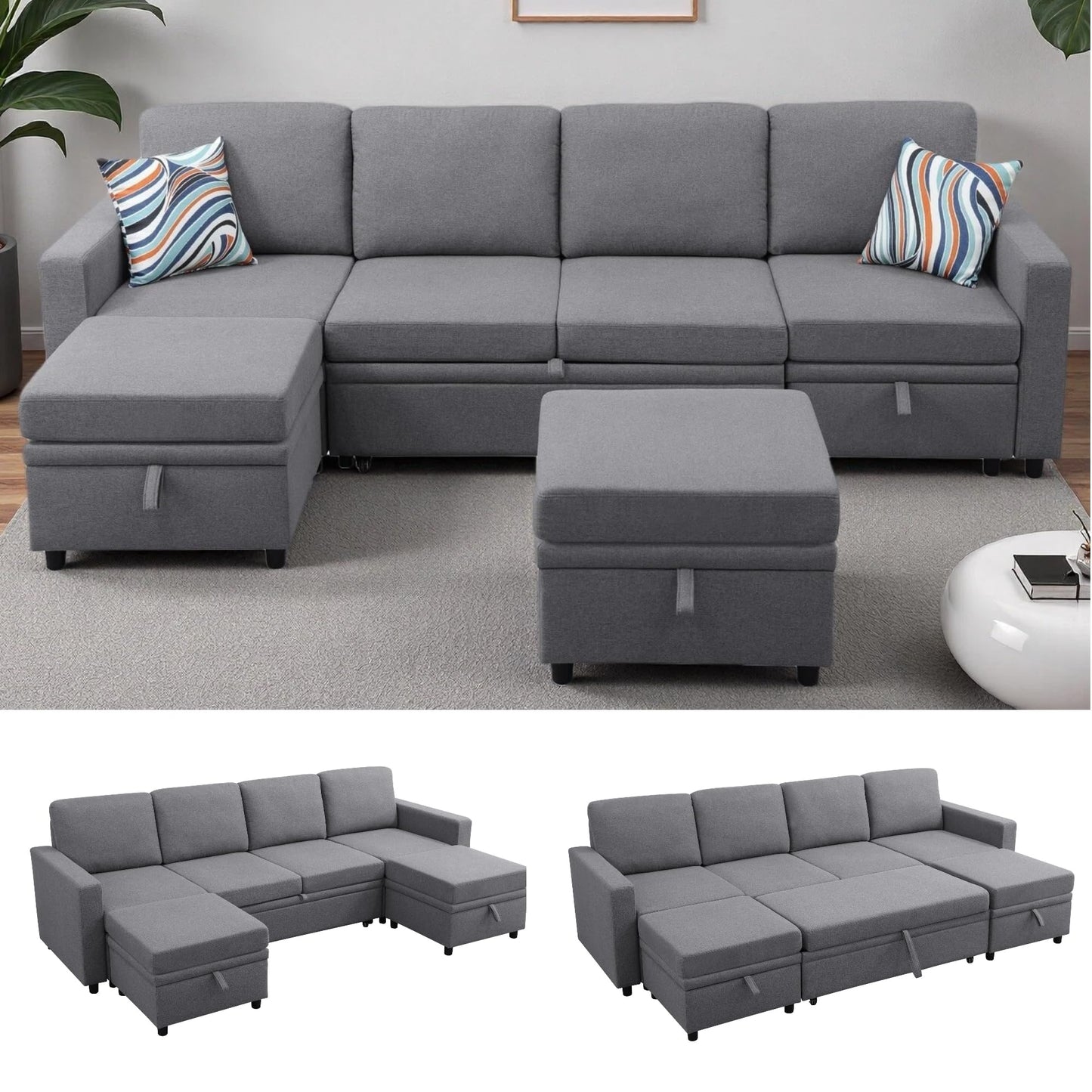 Trygoal 100 Inch Pull Out Couch, Convertible Sofa Bed for Living Room, Comfortable Sleeper Sofa with Pull Out Bed, Modern Sectional Couches with Ottoman Storage, Easy Assembly for Apartment, Dark Grey