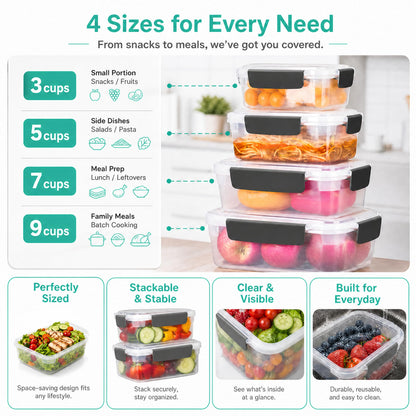 YORY 3 cup Plastic Food Storage Containers with Lids Nestable Freezer Dishwasher Safe Rectangle Container Set,5-Pack