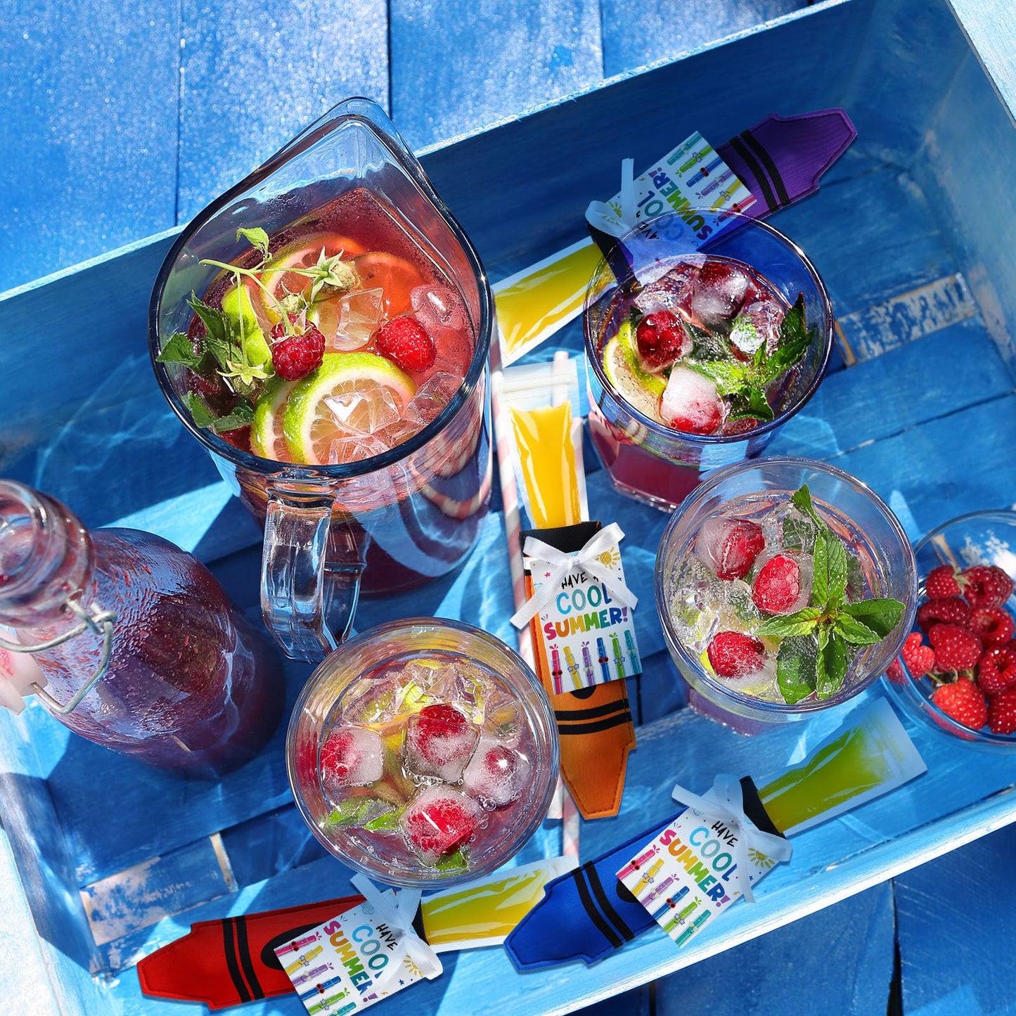 Potchen 24 Set Ice Pop Sleeves Reusable Colorful Freezer Neoprene Ice Sleeves Holder Bag with 24 Pcs Gift Cards 1 Roll Ribbon for Classroom Prizes Summer Birthday Party(Crayon)