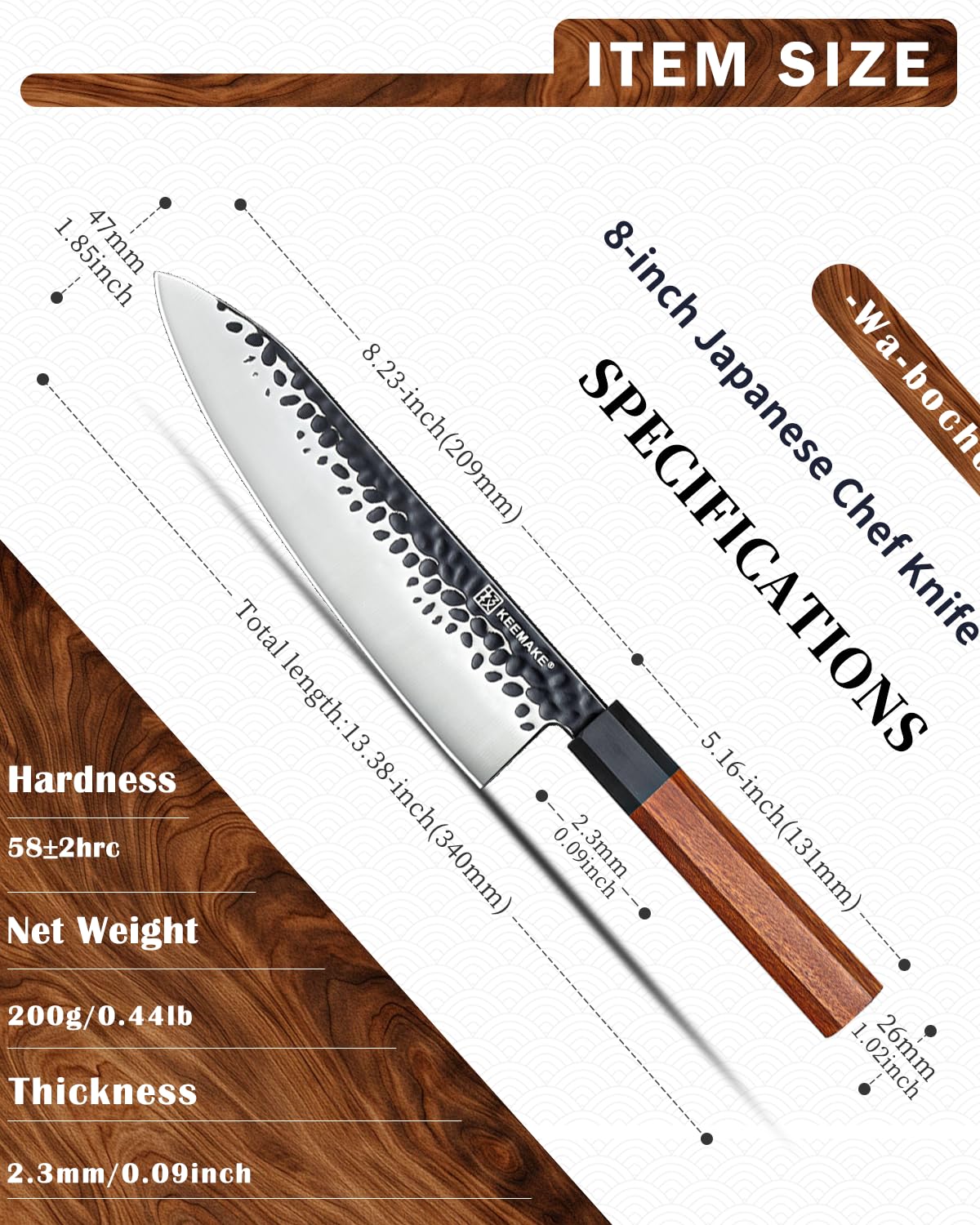 KEEMAKE 8 Inch Chef Knife, Japanese Hand Forged High Carbon Steel Kitchen Knives with Ergonomic Rosewood Handle, Ultra Sharp Durable Professional Gyuto Knife for Meat & Veggie Slicing
