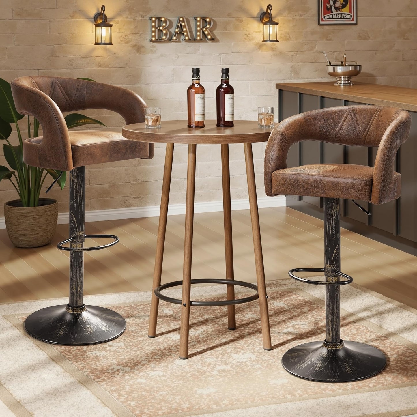 VECELO Bar Stools Set of 4 Adjustable Swivel Modern Pu Leather Barstools, Counter Bar Stools with Back and Arms, for Kitchen, Bar (Dark Brown)