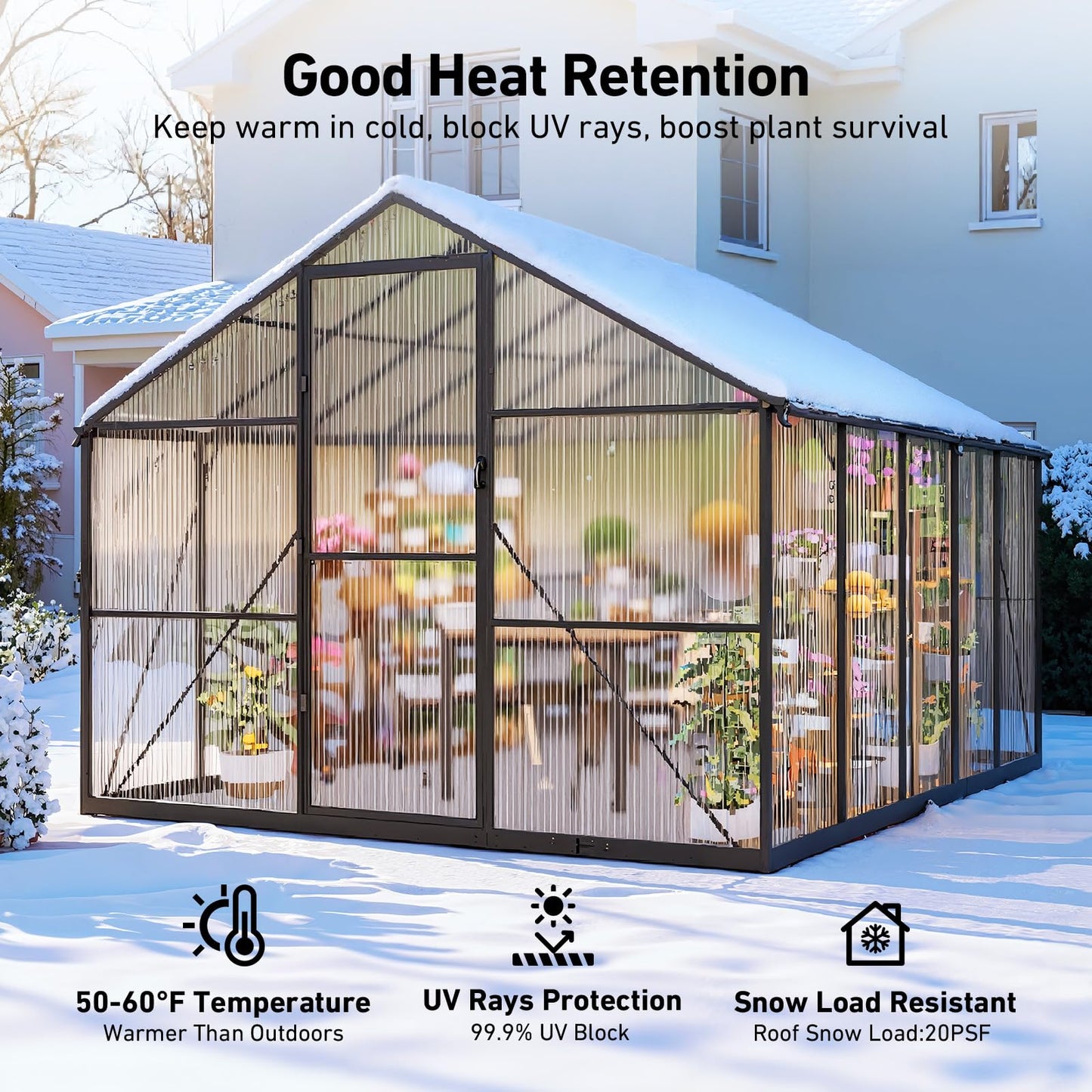 8x10FT Greenhouse Kits with Hygrometer, Polycarbonate Green Houses for Outside Heavy Duty with Aluminum Frame, Walk in Greenhouses with Drainage Channel Roof Vent for Backyard or Garden Use