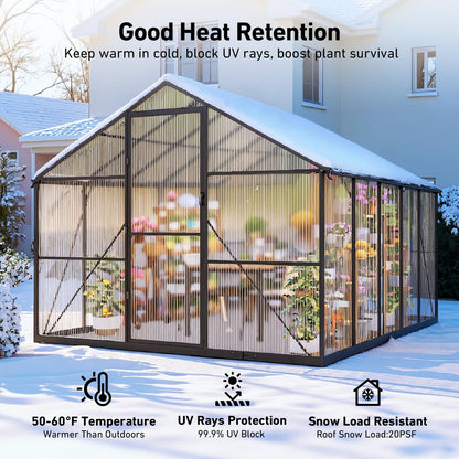 8x10FT Greenhouse Kits with Hygrometer, Polycarbonate Green Houses for Outside Heavy Duty with Aluminum Frame, Walk in Greenhouses with Drainage Channel Roof Vent for Backyard or Garden Use