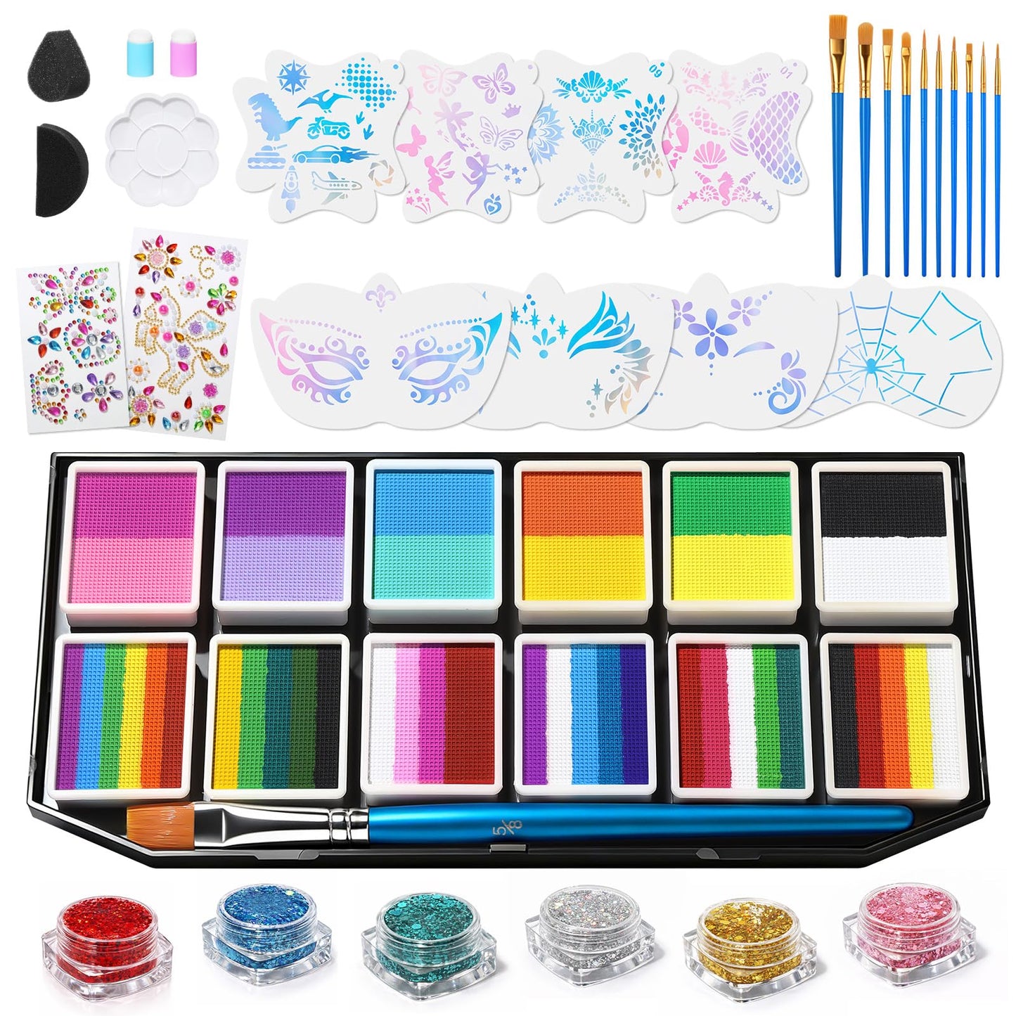 Face Painting Kit - 42 Colors Professional Face Paint Makeup Kit, Non-Toxic Water Activated Body Palette with Brushes, Stencils, Glitter, Gem, Sponge for Halloween, Arty Makeup & Cosplay Party