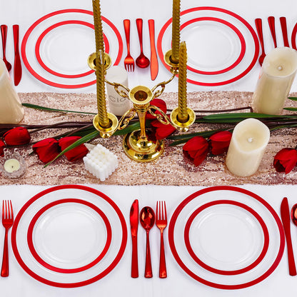 U-QE 120PCS Red Plastic Plates for Party - Red Plates Disposable Heavy Duty - Fancy Disposable Plates Include 60 10" Dinner and 60 7" Dessert Platos for Party, Mother's Day & Special Moments