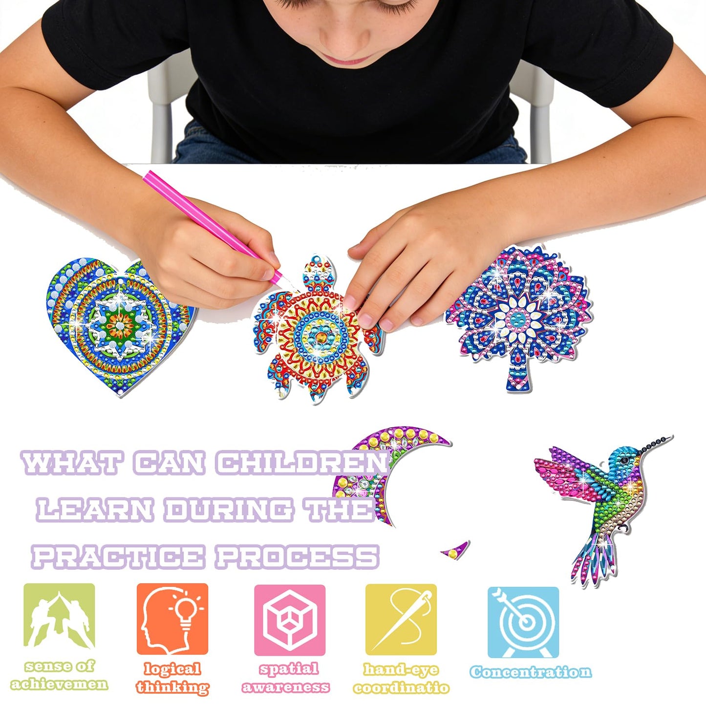 6 PCS Diamond Art Suncatchers Mandala Diamond Art Kits for Adults Kids Double Sided Hummingbird Diamond Painting Wind Chime Christmas Hanging Ornaments Birthday Gifts for Teen Women Mother Gifts