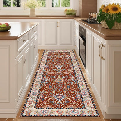 Washable 2x6 Hallway Runner Rug, Non-Slip Low Pile Cozy Kitchen Runner Rug, Brick Red Boho Vintage Floral, Ultra Soft, Stain Resistant, Pet & Kid Friendly Rugs for Bedroom Bathroom Laundry Room