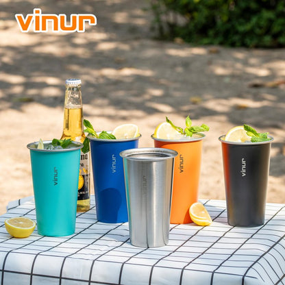 VINUR 4 Pack Stainless Steel Cups 20 oz Pint Tumbler Stackable Metal Drinking Glasses for Travel, Camping, Outdoors (Green-Black-Teal-Navy)