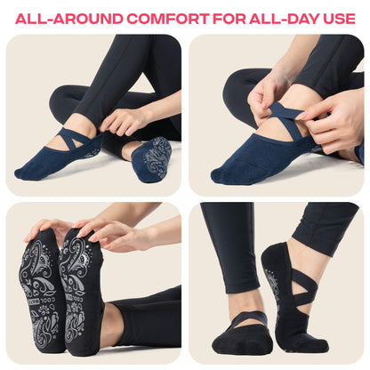 CoolMate Pilates Socks with Grips for Women, Yoga Socks, Crew Non Slip Women for Workout, Barre, Pilates Gifts (US, Numeric, 6, 10, Regular, Regular, 3 Pairs Barre Navy/Black/Beige)