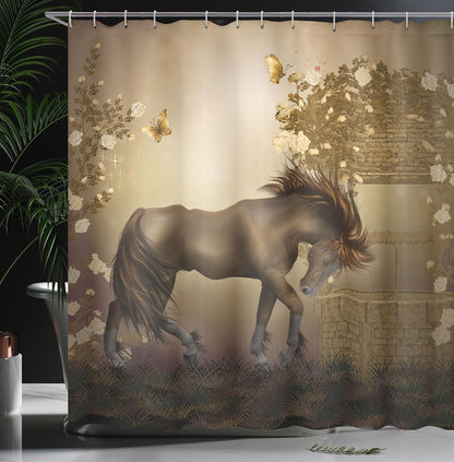 Ambesonne Mystic Shower Curtain - Horse in Roses Garden with Butterflies, Cloth Fabric Bathroom Decor Set, 69" W x 70" L