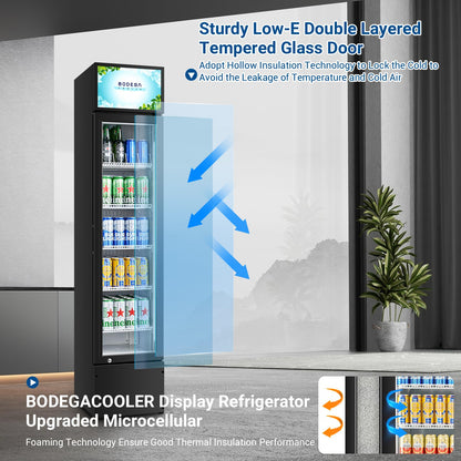 BODEGACOOLER Commercial Merchandiser Refrigerator, 5.7 Cu.Ft Single Swing Glass Door Beverage Cooler, Upright Display Refrigerator with Soft LED Light, Adjustable Shelves, Black