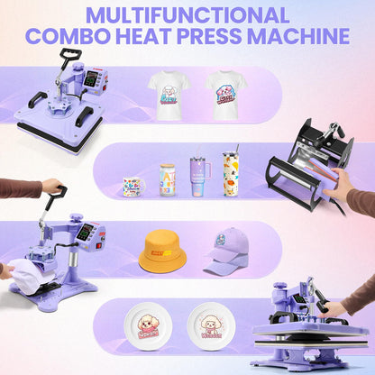 AKEYDIY Upgraded 8 in 1 Heat Press Machine for Tshirts 12X15 Inch, 360° Swing Away Shirt Press Machine for Sublimation, Multifunctional Heat Transfer Machine Combo for Shirts (Purple-8 in 1)