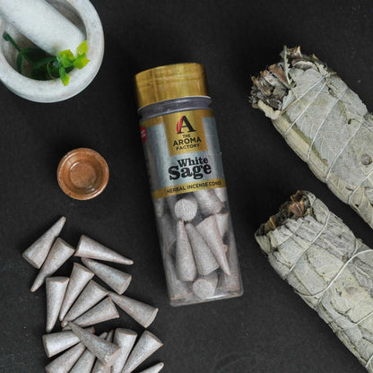 The Aroma Factory Incense Dhoop Cone White Sage (100% Herbal Leaves Healing & 0% Charcoal) 1 Bottle x 30 Cones