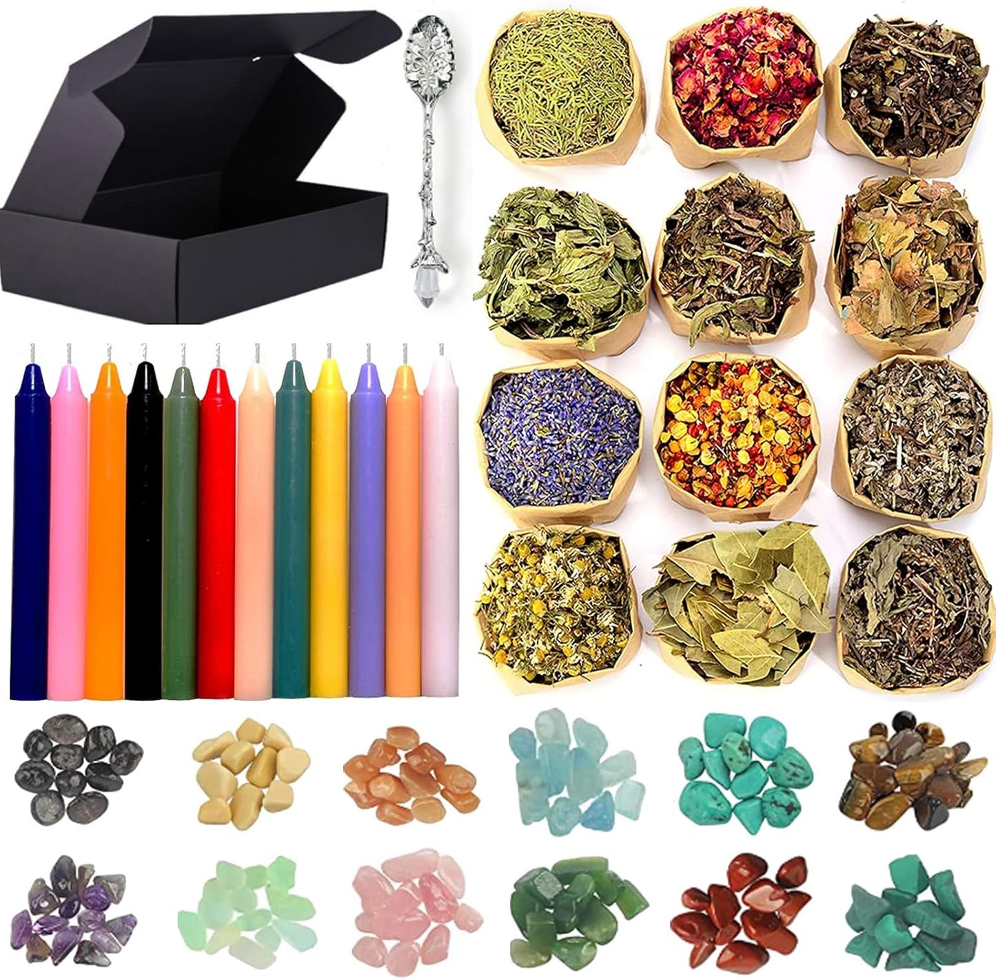 Witchcraft Supplies Kit for Spells, 48 PCS with Dried Herbs, Crystal Jars, Colored Candles, Wiccan Tools