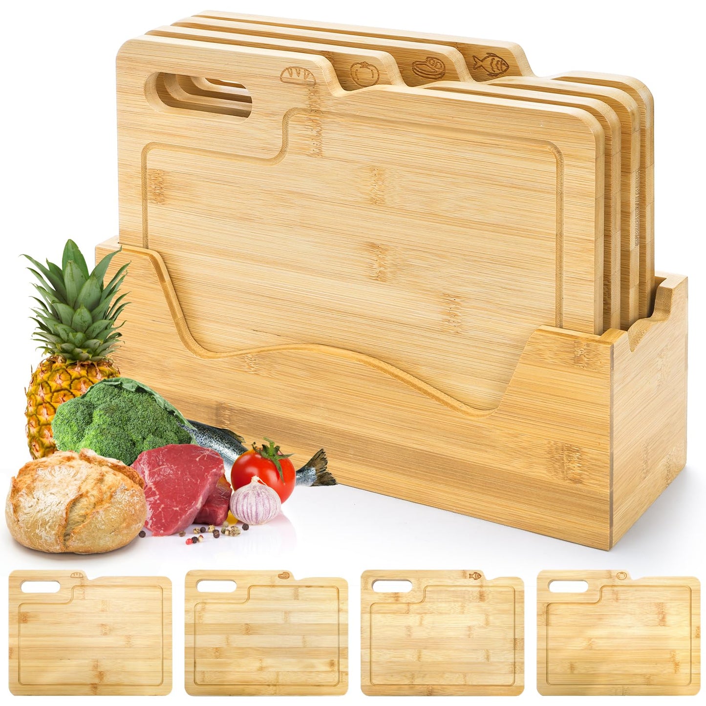 ZENFUN 4 Pack 12.5"L x 9.8"W Bamboo Cutting Boards with Holder, Wood Cutting Board Set, Chopping Boards Set with Food Icons, Kitchen Cutting Board Ideal for Meat, Fish, Bread, Vegetable, Fruit