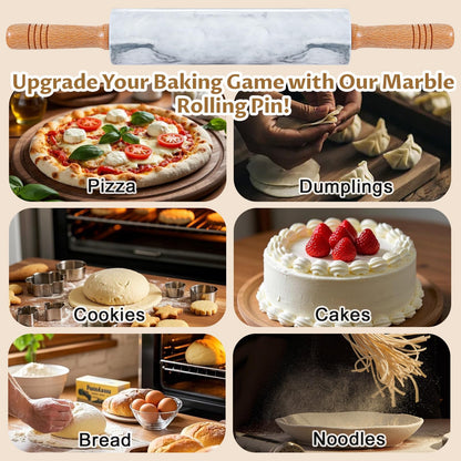 Gymdin Marble Rolling Pin - 18.9" Marble Rolling Pins for Baking, Pastry, Pizza Dough & More - Polished Non-Stick Surface, Long Dough Roller with Wooden Handles & Base
